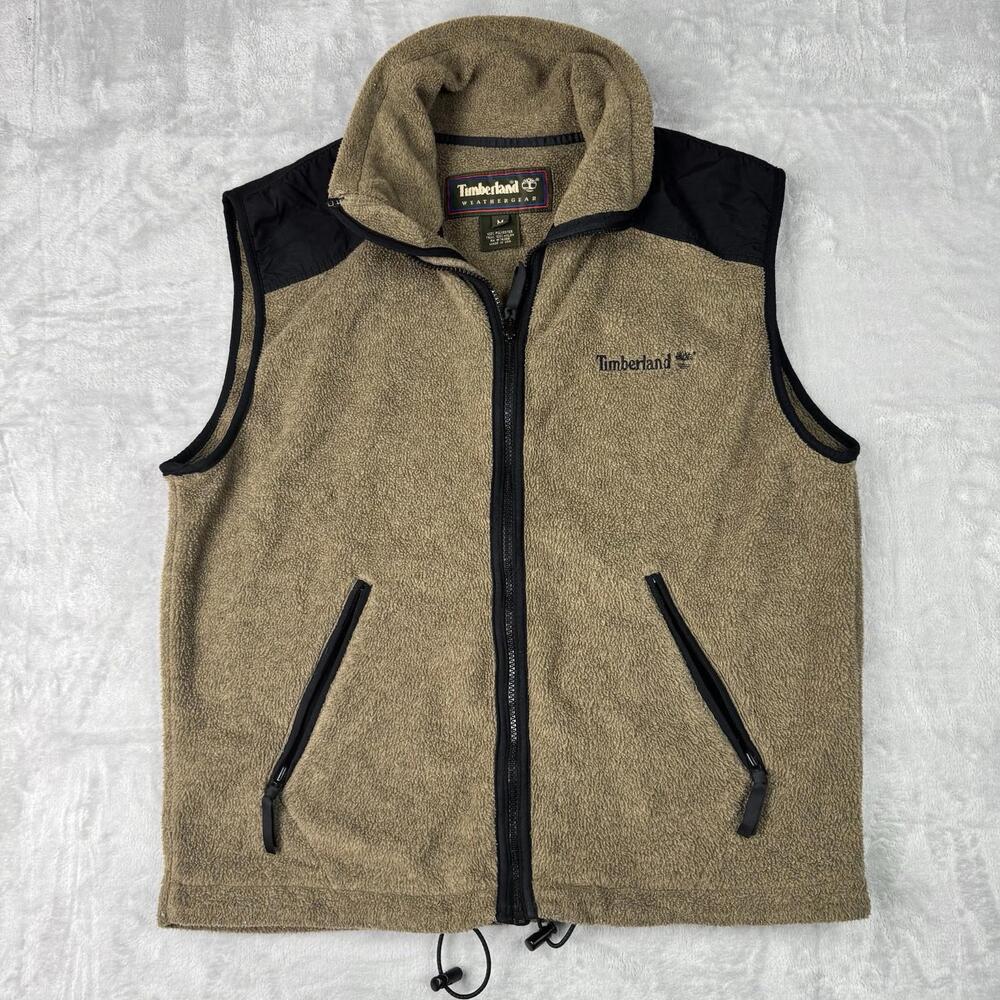 VTG Timberland Weathergear Fleece Vest USA Made Olive Full Zip Outdoor Sz M Y2K